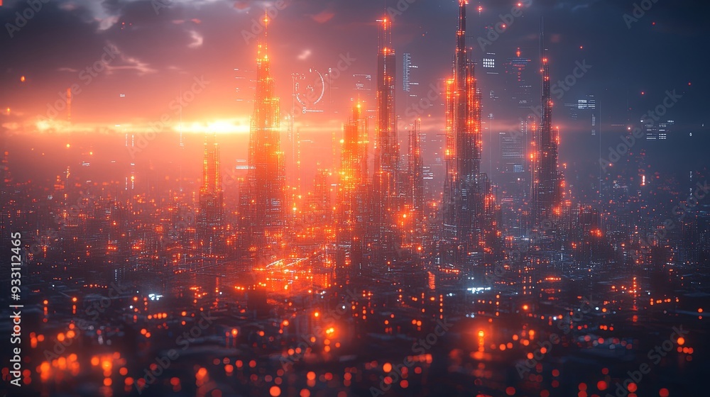 A cityscape with tall buildings and glowing lights A cityscape with tall buildings and glowing lights