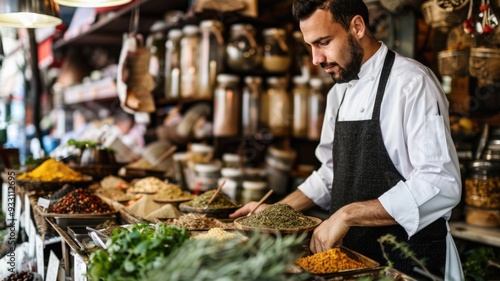 Fototapeta Naklejka Na Ścianę i Meble -  A chef examining herbs and spices in a market, highlighting the importance of fresh and unique ingredients in cooking
