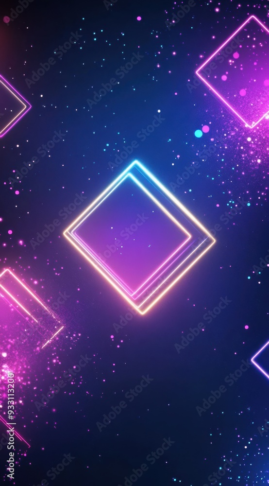 Obraz premium Vibrant neon geometric shapes illuminate dark background with glowing dynamic particles for futuristic and modern digital design