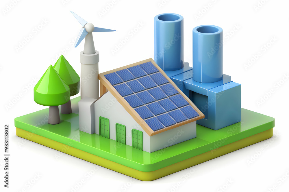 3d Flat icon as Solar panel and an eco friendly factory symbolizing ...