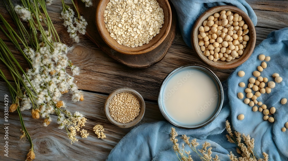 Wholesome Soy Milk Breakfast with Varied Grains in Rustic Setting Wholesome Soy Milk Breakfast with Varied Grains in Rustic Setting