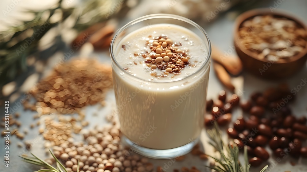Chilled Soy Milk with Fresh Seeds and Grains Showcasing Healthy Ingredients Chilled Soy Milk with Fresh Seeds and Grains Showcasing Healthy Ingredients