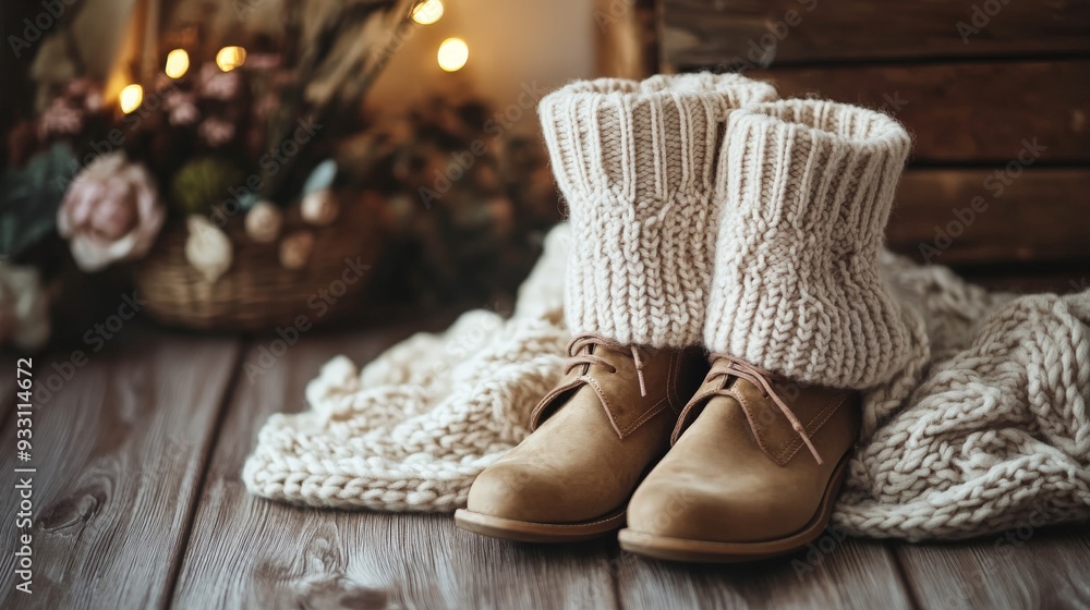 Cozy Winter Boots and Knitted Blanket. Cozy Winter Boots and Knitted Blanket.