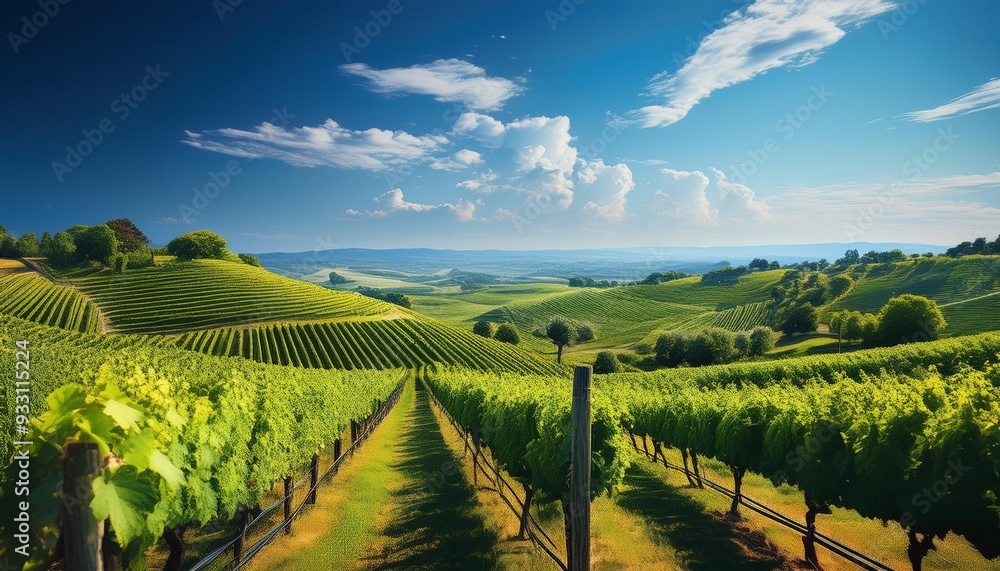 Fototapeta premium Lush green vineyards under a clear blue sky.