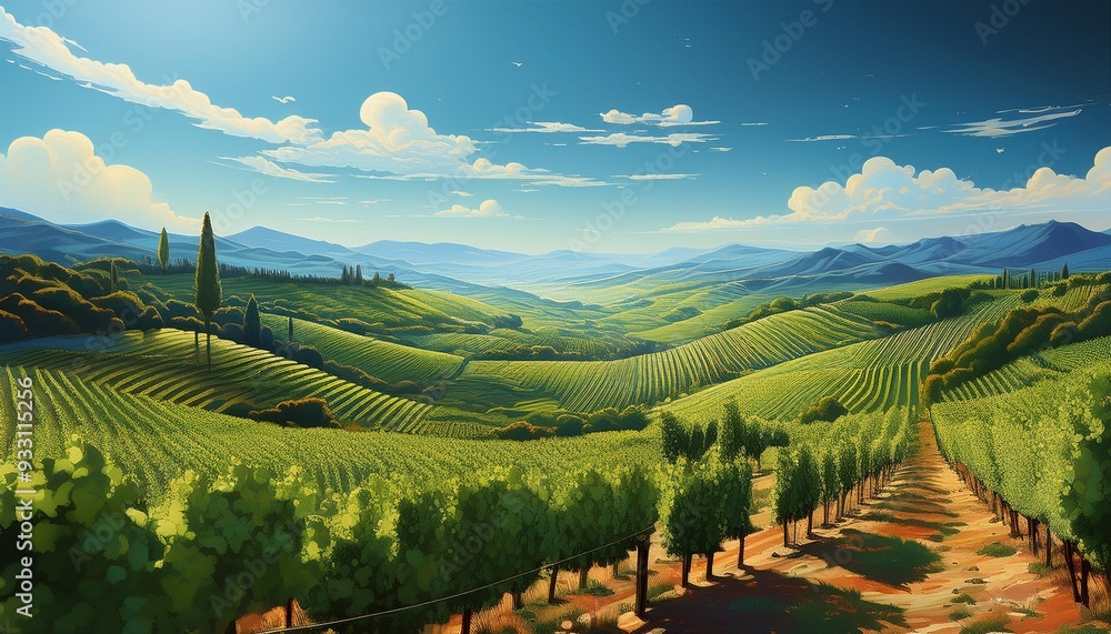 Fototapeta premium Lush green vineyards under a clear blue sky.