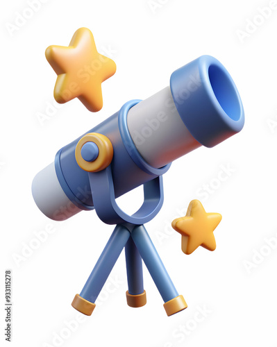 3d Flat icon as Telescope and stars symbolizing observation and discovery with ample space for text. concept as A telescope and stars representing the fundamentals of observation and discovery with bl photo