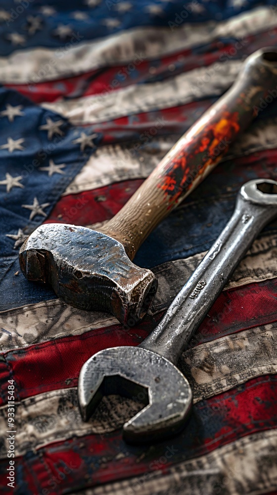 Old construction tools on worn American flag background Old construction tools on worn American flag background