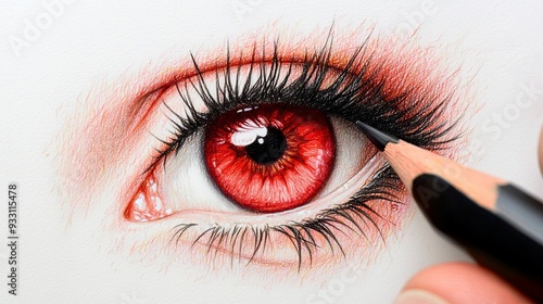  A pencil-holding red figure with one eye being an unblinked red orb in its hand, and the other an identical red eyeball at its center photo