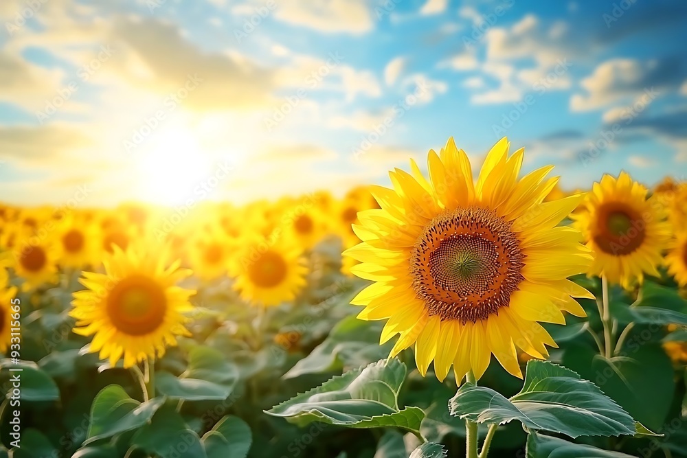 Beautiful Yellow Sunflower Field in Summer with Blue Sky and Clouds Photo Beautiful Yellow Sunflower Field in Summer with Blue Sky and Clouds Photo