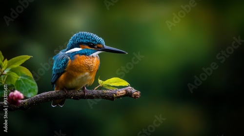  A blue-and-orange bird sits on a branch, one end holding a green leaf, the other side bearing another green leaf