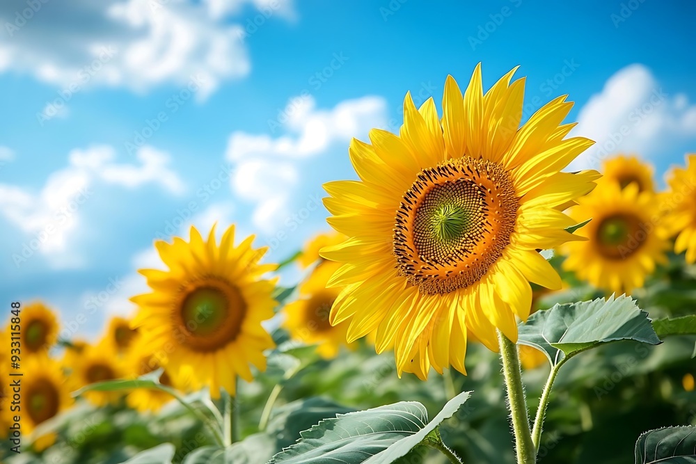 Bright Yellow Sunflower in a Field with Blue Sky and White Clouds Photo Bright Yellow Sunflower in a Field with Blue Sky and White Clouds Photo