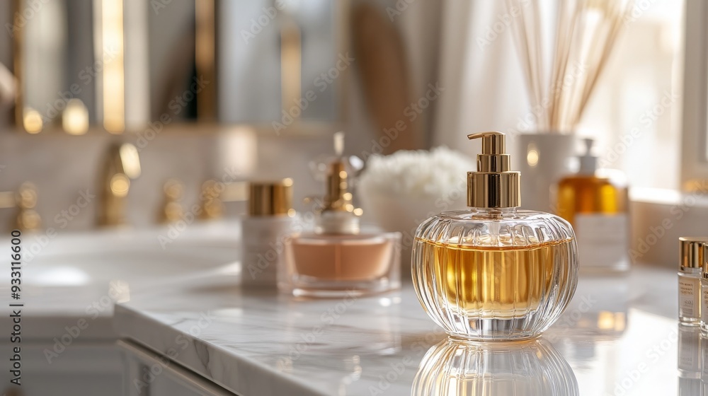 Luxury Bathroom with Elegant Perfume Bottles. Luxury Bathroom with Elegant Perfume Bottles.