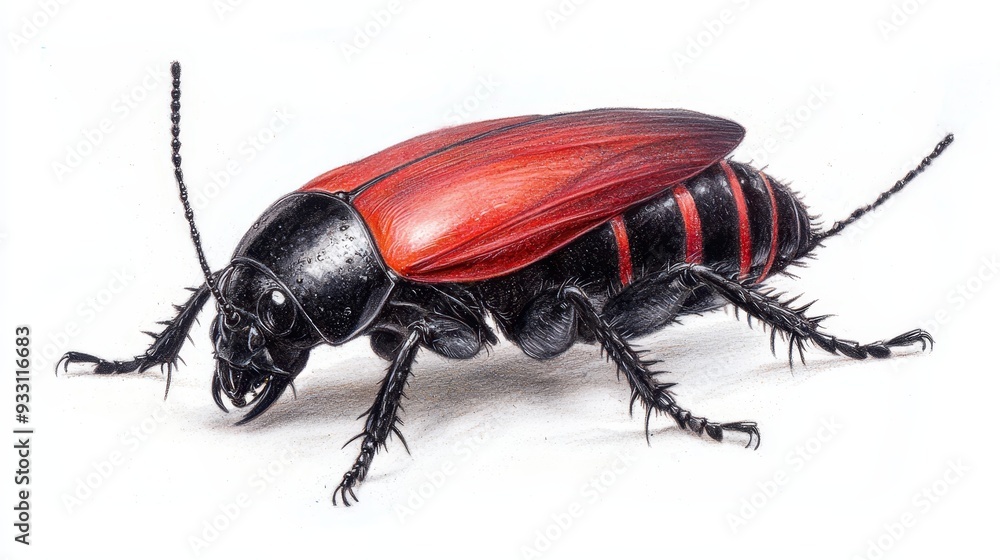 A black and red insect on a white background, featuring a red stripe across its thorax A black and red insect on a white background, featuring a red stripe across its thorax
