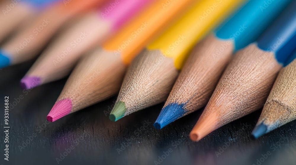 A row of colored pencils aligns on a wooden table Nearby rests another parallel line of colored pencils A row of colored pencils aligns on a wooden table Nearby rests another parallel line of colored pencils