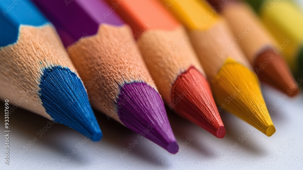 A row of colored pencils aligned on a white surface, adjacent to others awaiting use A row of colored pencils aligned on a white surface, adjacent to others awaiting use