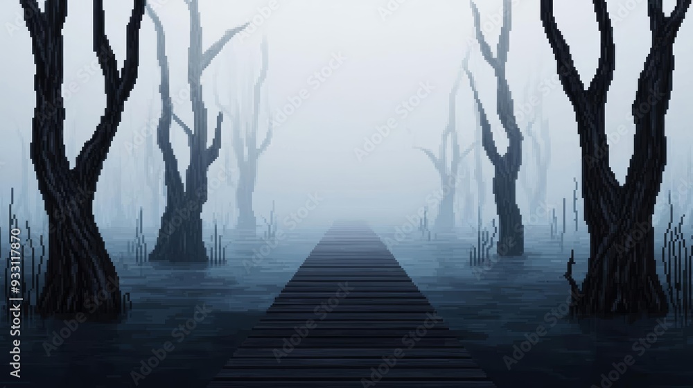 Obraz premium A pixel art swamp with murky waters, twisted trees, and a small cabin on stilts