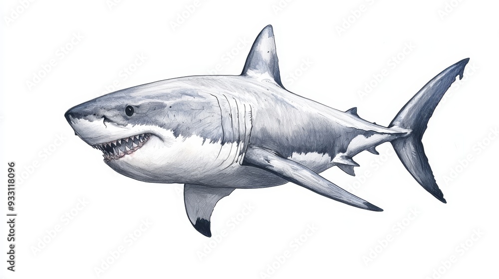 A depiction of a great white shark with its jaws agape, revealing teeth partially out of the water A depiction of a great white shark with its jaws agape, revealing teeth partially out of the water
