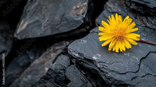  A solitary yellow bloom atop a mound of jet-hued boulders, before another heap of similar-toned stones photo