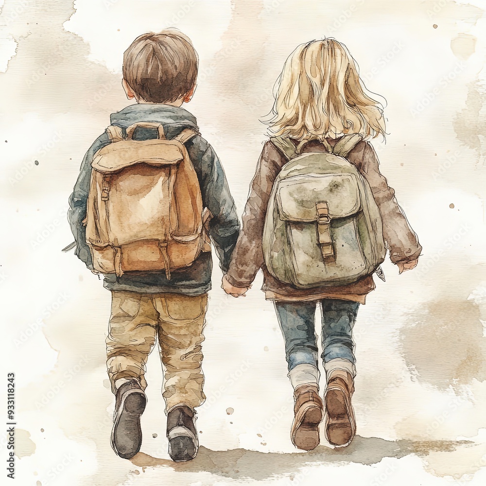 Nostalgic Walk of Two Kids with Backpacks Nostalgic Walk of Two Kids with Backpacks