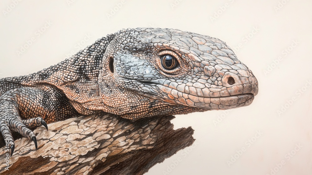 A drawing of an iguana on a wooden background with a white wall A drawing of an iguana on a wooden background with a white wall
