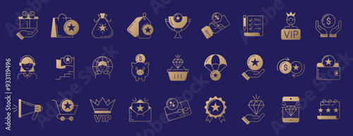 Exclusive benefit line icons. Loyalty program linear golden icon set with reward, incentive, voucher, sale coupon, trophy award, gift box and vip client card. Star coins in bag or wallet. Bonus points