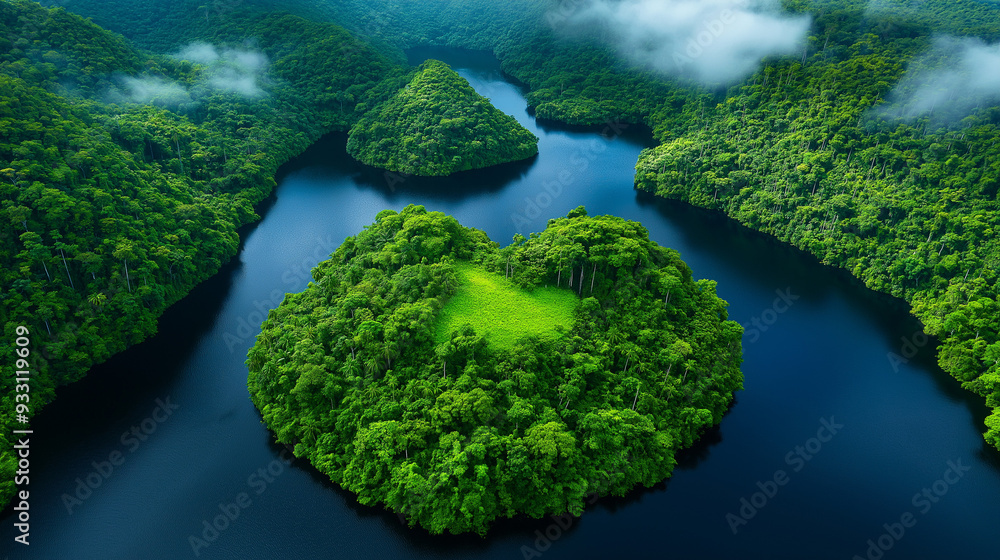 Aerial view of Amazon rainforest and river Aerial view of Amazon rainforest and river