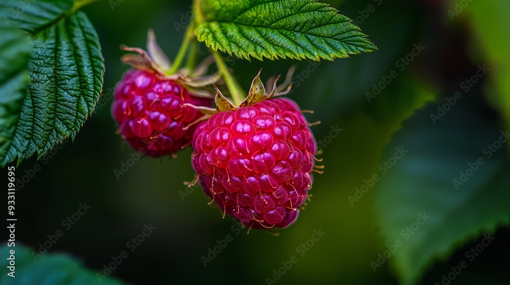 A tight shot of two raspberries on a branch, surrounded by green foliage in the foreground, while the background softly blurs A tight shot of two raspberries on a branch, surrounded by green foliage in the foreground, while the background softly blurs