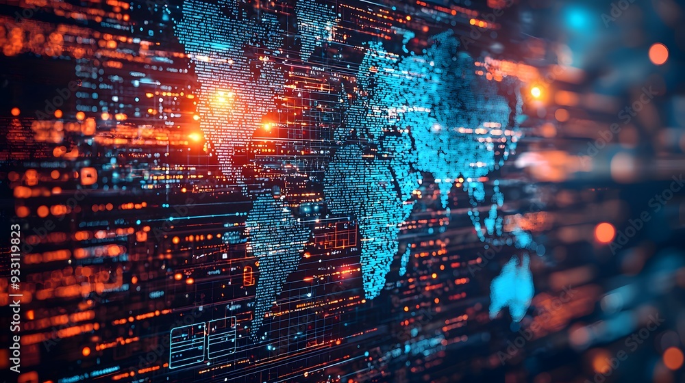 Obraz premium Exploring the Vibrant Digital Landscape of Global Connectivity through a Brightly Colored World Map Visual