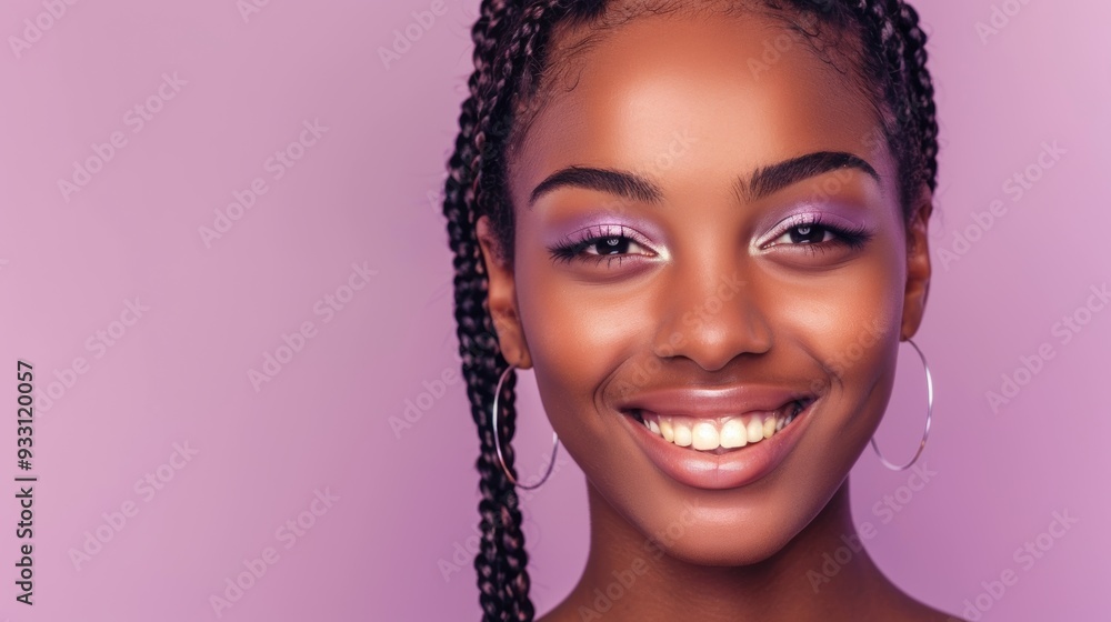 An African American woman with a warm smile and braided hair, wearing pink earrings. The purple background and vibrant makeup accentuate her glowing skin and joyful expression. An African American woman with a warm smile and braided hair, wearing pink earrings. The purple background and vibrant makeup accentuate her glowing skin and joyful expression.