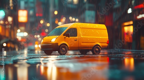 A tiny 3D delivery van, rendered in vibrant colors, driving through a rain-soaked city street, with reflections on the wet pavement and soft, glowing streetlights, creating a mood of determination