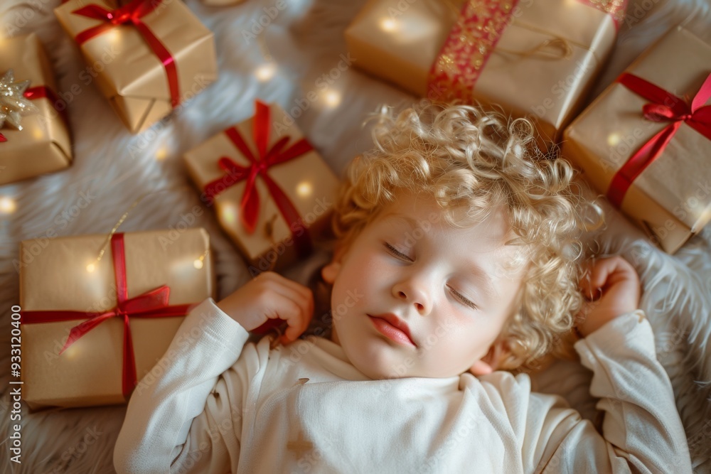 Bedtime routine of little one curly locks calmly sleeping. Young boy surrounded nighttime warmth peacefully snoozing. Bedtime tranquility stands allegory perfect innocence and safety. Bedtime routine of little one curly locks calmly sleeping. Young boy surrounded nighttime warmth peacefully snoozing. Bedtime tranquility stands allegory perfect innocence and safety.