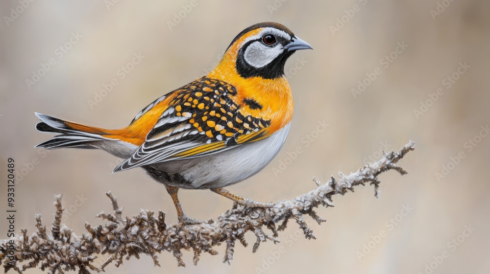 A bird perched on a branch against a backdrop of softly blurred surroundings Snow covers the ground in the foreground A bird perched on a branch against a backdrop of softly blurred surroundings Snow covers the ground in the foreground