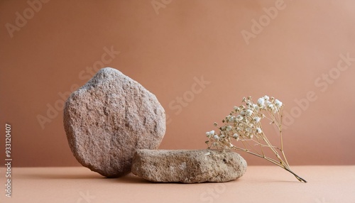 Photography Abstract nature scene Stone podium composition and dry flower on beige brown background for cosmetic, beauty product branding, perfume, skin care and cosmetic backdrop