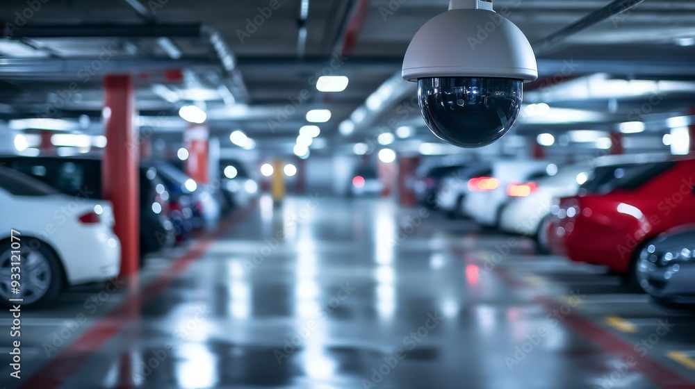 custom made wallpaper toronto digitalCCTV camera monitors a dimly lit underground parking garage filled with parked cars.