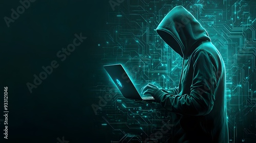 Hacker in a hoodie with a blue glow reflecting off their laptop, surrounded by a solid dark green background with faint AI circuitry, high-tech and suspenseful atmosphere, moody side lighting,