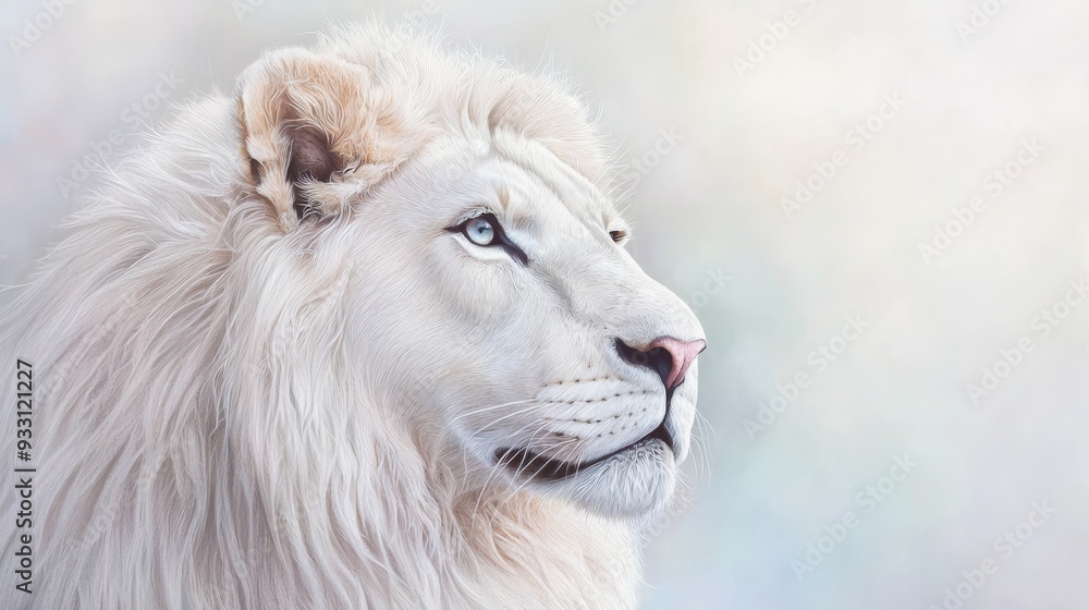 A white lion's face, closely framed, against a backdrop of a clear blue sky Background softly blurred A white lion's face, closely framed, against a backdrop of a clear blue sky Background softly blurred