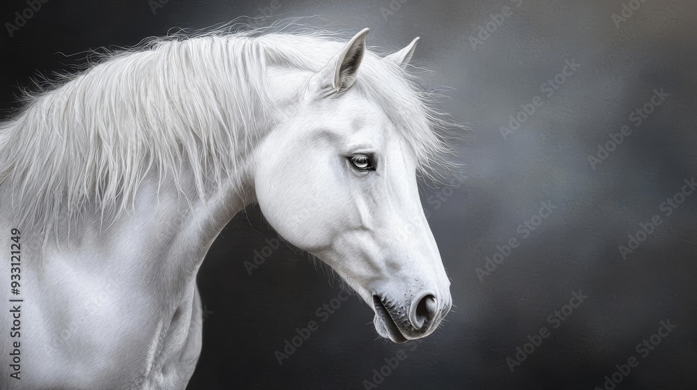 Two white horses, each with long manes, stand before a black background Two white horses, each with long manes, stand before a black background