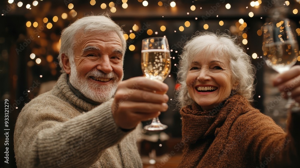 Elderly friends clink glasses of champagne as they enjoy Christmas dinner at home. Happy elderly men and women celebrating new year or christmas, drinking sparkling wine together Elderly friends clink glasses of champagne as they enjoy Christmas dinner at home. Happy elderly men and women celebrating new year or christmas, drinking sparkling wine together