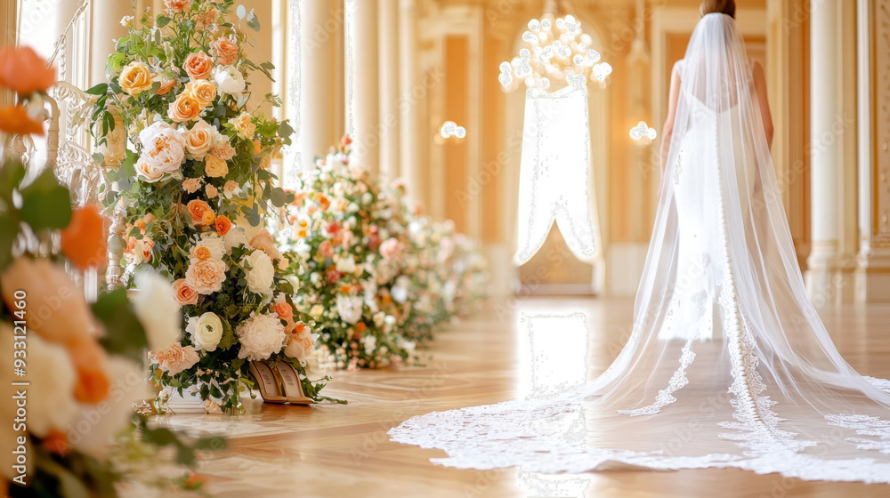 Beautiful bride with a long veil walking through a lavishly decorated hall filled with floral arrangements and elegant lighting Beautiful bride with a long veil walking through a lavishly decorated hall filled with floral arrangements and elegant lighting
