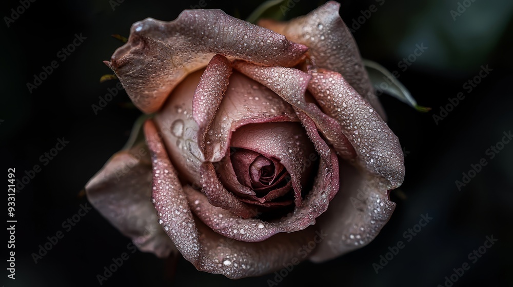 A tight shot of a rosy pink blossom speckled with water droplets, accompanied by a verdant leaf in the foreground A tight shot of a rosy pink blossom speckled with water droplets, accompanied by a verdant leaf in the foreground