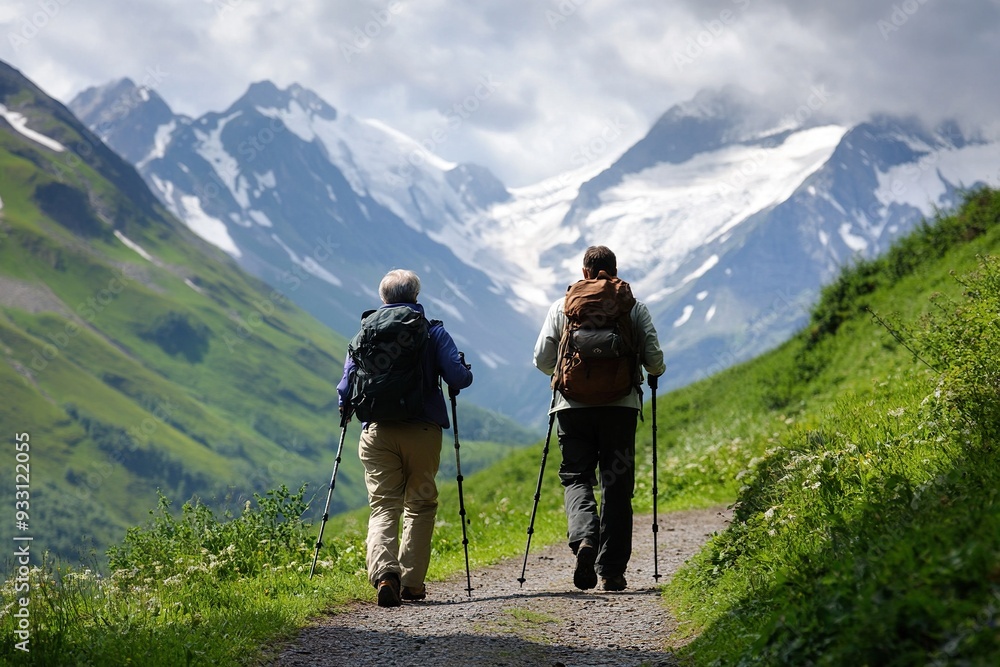 Two hikers walking backwards along a trail in the mountains. Two hikers walking backwards along a trail in the mountains.