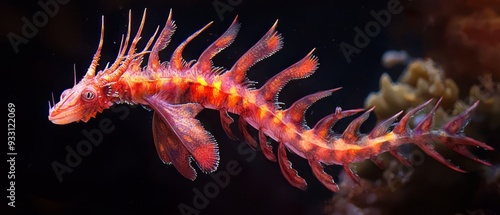  A tight shot of a red-and-yellow seahorse against a black backdrop, with coral in the foreground