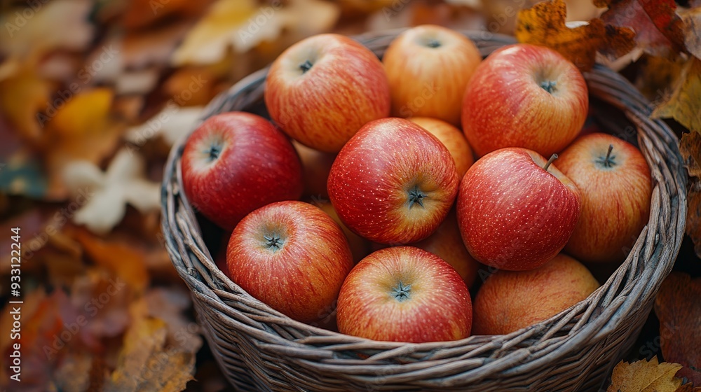 Close-up of a basket filled with fresh apples surrounded by autumn leaves in a cozy setting Close-up of a basket filled with fresh apples surrounded by autumn leaves in a cozy setting
