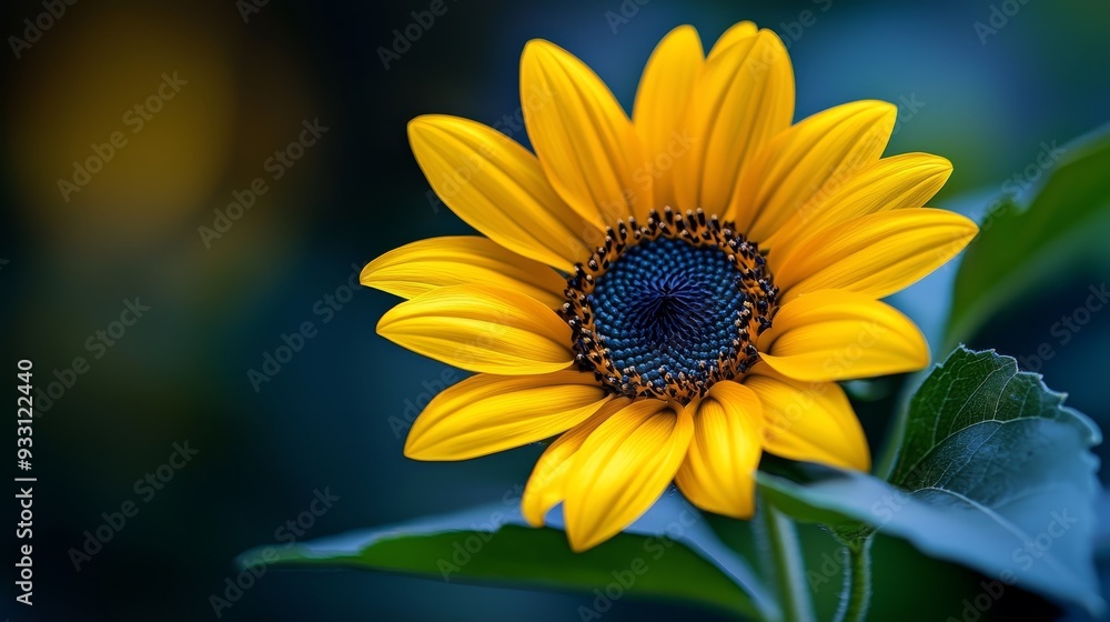 A sunflower's blue center up-close, encircled by verdant leaves, against a backdrop of a blue sky A sunflower's blue center up-close, encircled by verdant leaves, against a backdrop of a blue sky