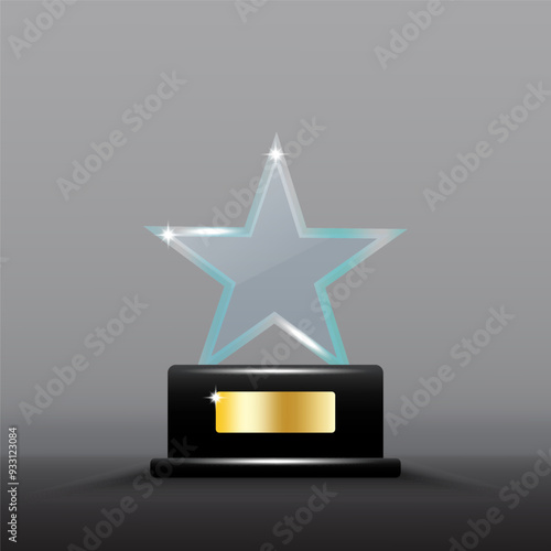 Glass star trophy. Elegant crystal design. Black base with gold plate. Shiny vector award.