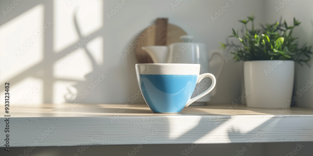 Simple Nordic design cup on a kitchen counter on a sunny day. Simple Nordic design cup on a kitchen counter on a sunny day.