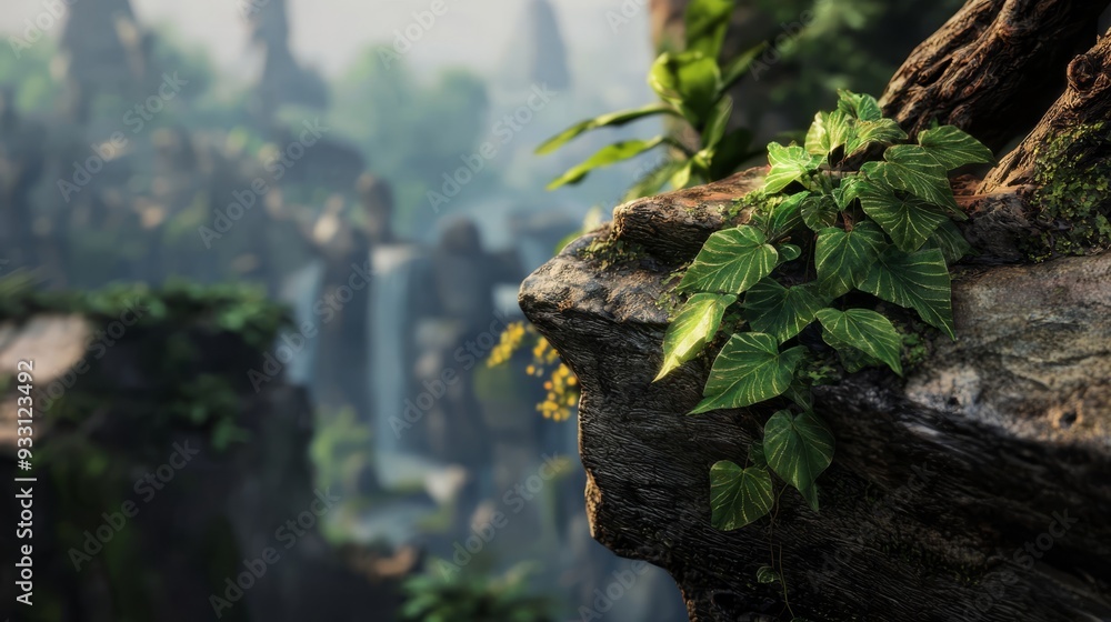 A tight shot of a plant sprouting from a jungle rock face, surrounded by lush greenery Waterfall cascades in the backdrop A tight shot of a plant sprouting from a jungle rock face, surrounded by lush greenery Waterfall cascades in the backdrop