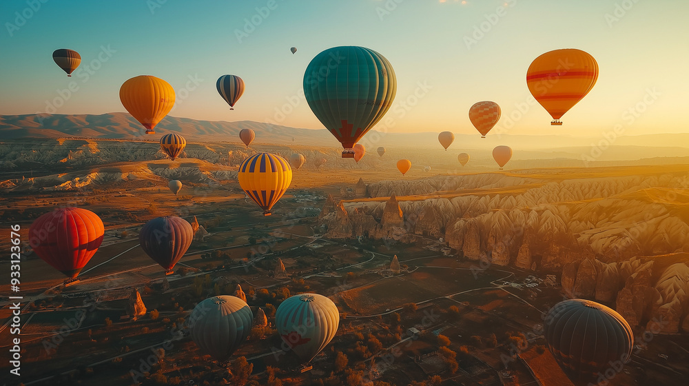 Naklejka premium Aerial view of Cappadocia hot air balloons at sunrise