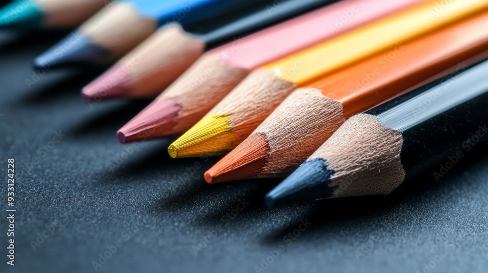 A line of colored pencils aligned on a black surface, accompanied by additional colored pencils in front A line of colored pencils aligned on a black surface, accompanied by additional colored pencils in front