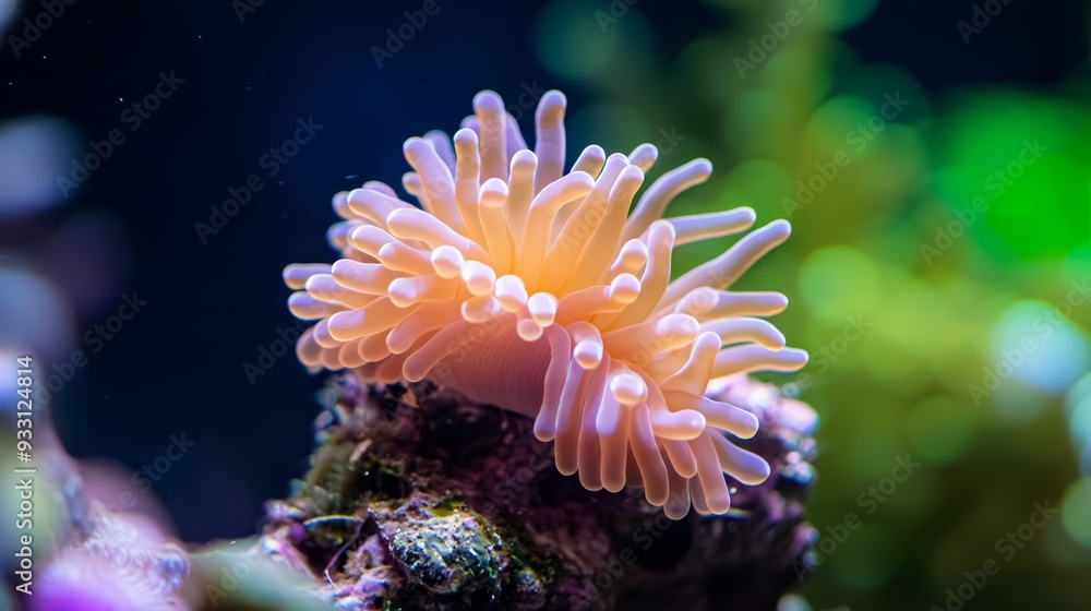 A orange-white and a green-purple sea anemone sit atop each other in an aquarium A orange-white and a green-purple sea anemone sit atop each other in an aquarium